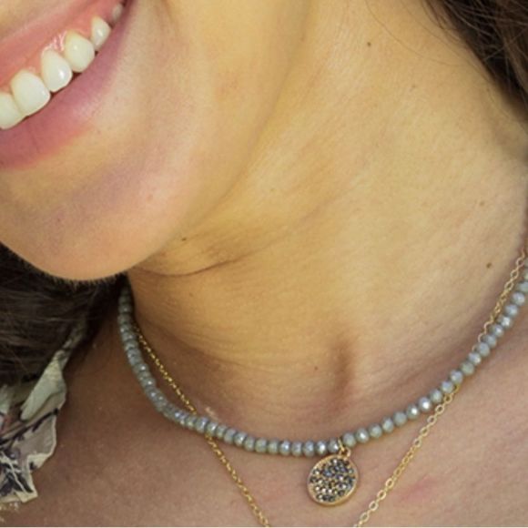 NWT GRAY MICRO PAVED CRYSTALS GRAY GLASS BEAD OUTER SPACE DAINTY DESIGN NECKLACE - Picture 2 of 14